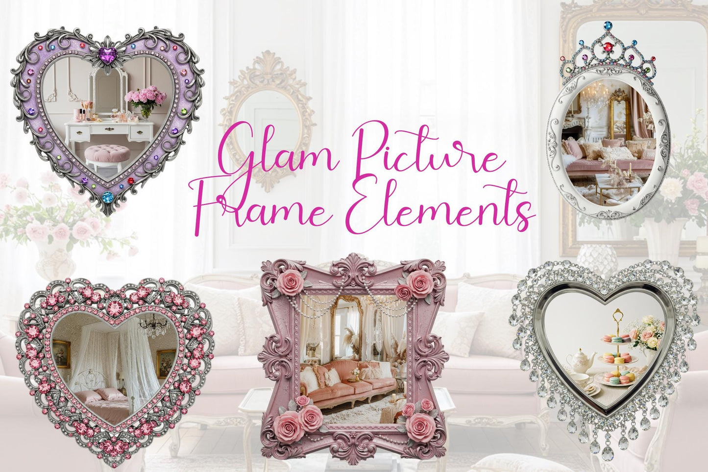 Glam Frame PNGs | Chic Coquette Style, Bows, Pearls (Digital Download)