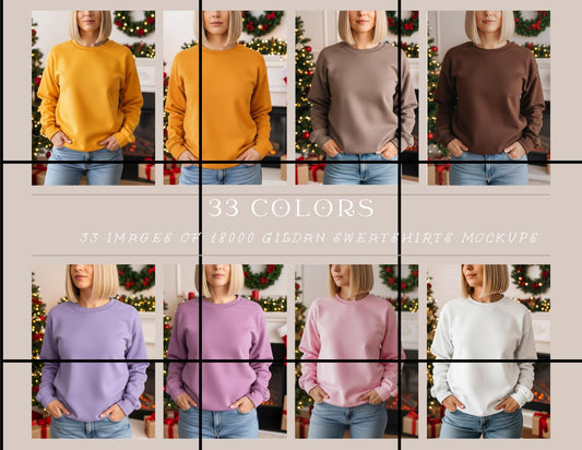 33 Christmas Gildan 18000 Sweatshirt Mockups | Holiday Cozy Living Room Scene | 33 Color Bundle | Blank Crewneck PNG Mockup