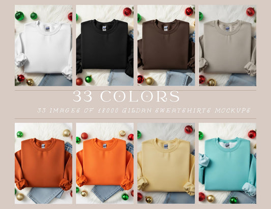 Folded Gildan 18000 Sweatshirt Bundle | 33 Colors | Christmas Flatlay Mockups for Crewneck Sellers | Blank Apparel Mockups