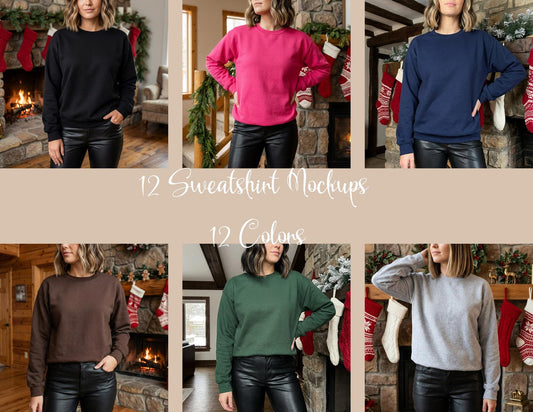 Christmas Sweatshirt Mockup Bundle | 12 Gildan 18000 Lifestyle Images | Cozy Holiday Scene | Digital Product Display l t shirt business